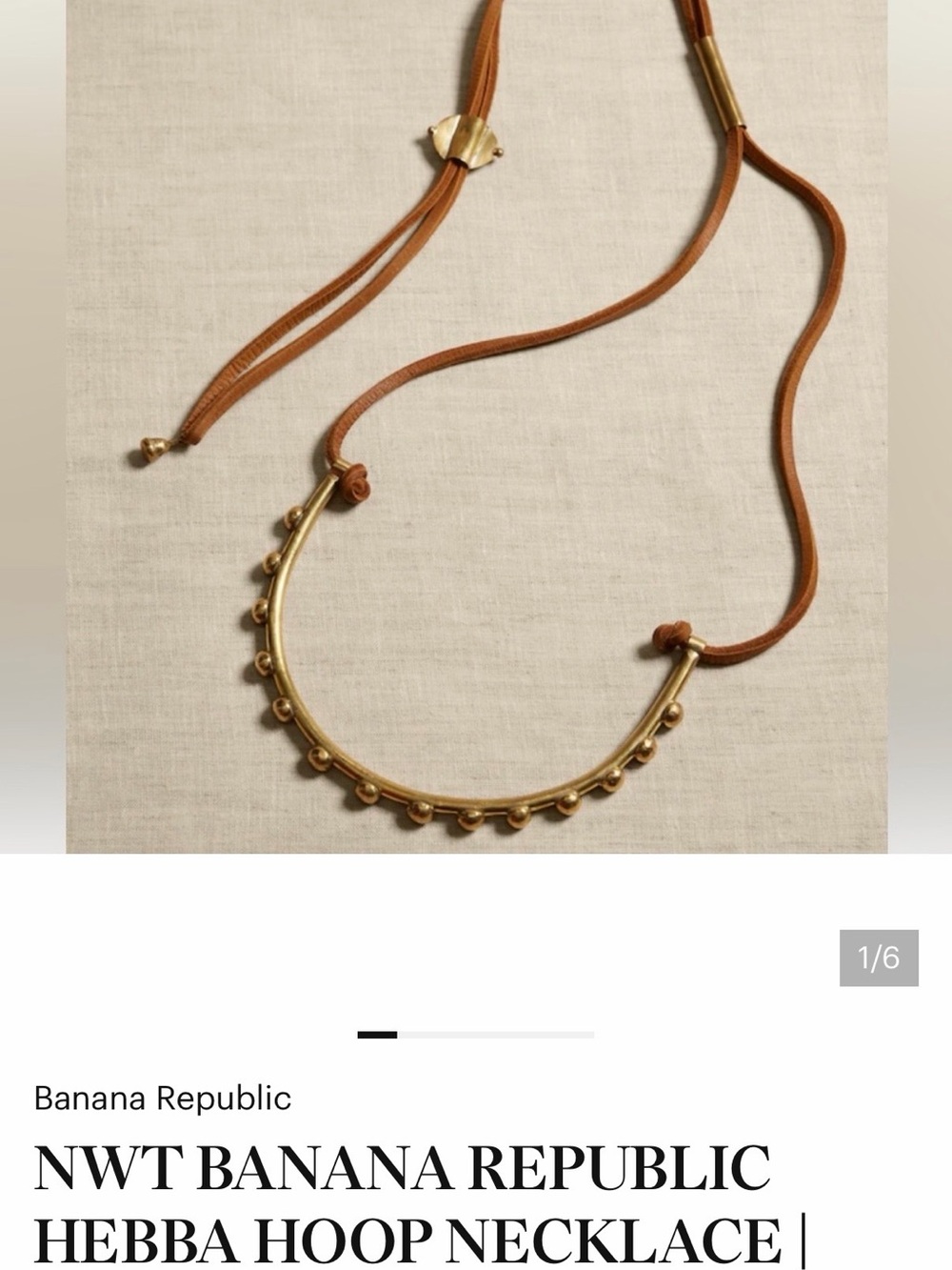 Banana Republic Brown Leather Necklace with Gold Beaded Curved Bar Brass